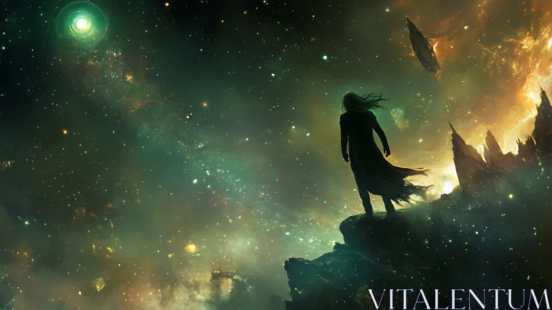 Lone wanderer contemplates a luminous storm across the stars