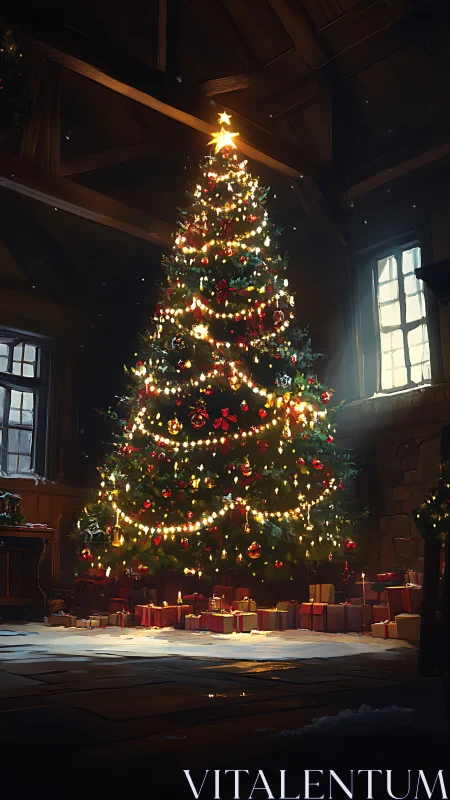 Tall indoor Christmas tree illuminated with warm string lights