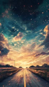 Endless country highway dissolving into a painted cosmos.