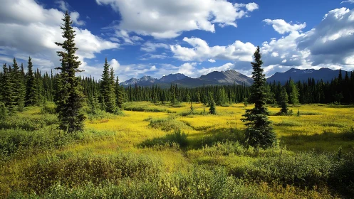 Subalpine meadow with conifer stand under stratocumulus sky
