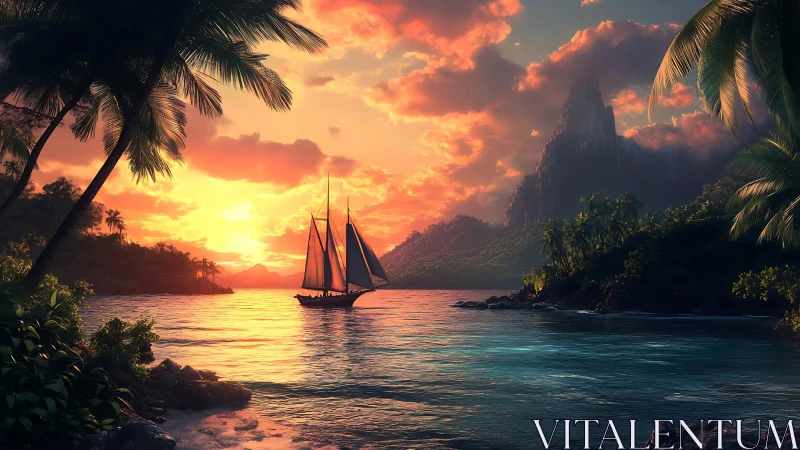 Sunset sloop between palm coves and volcanic island silhouette