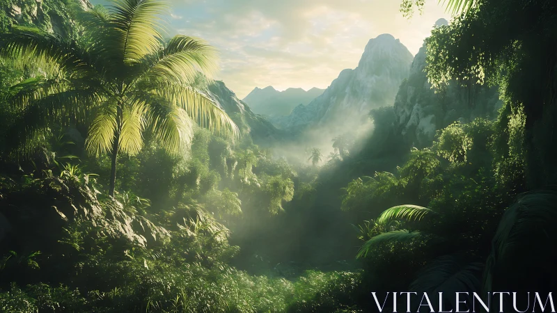 Misty valley landscape with tropical vegetation and limestone peaks.