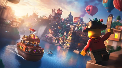 Lego minifigure watches riverboat and city at sunset.