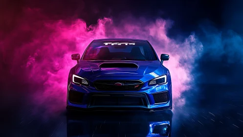 Blue sports sedan is centered against magenta and blue smoke