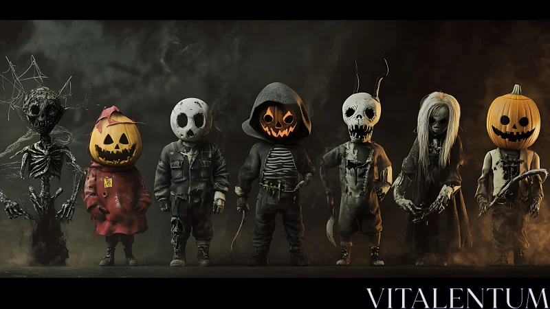 Row of stylized Halloween figures in dark smoky setting.