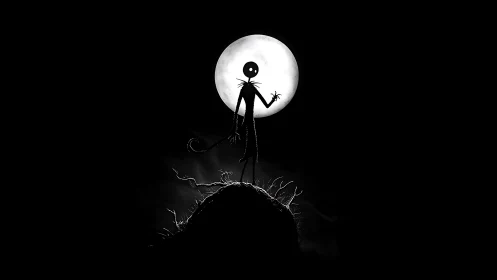 Moonlit skeleton silhouette on a tiny haunted hilltop.