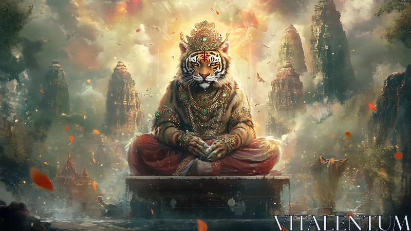 Regal tiger sage meditating amid mist-wreathed temple spires.