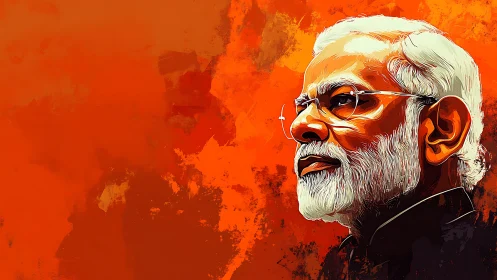 Digital portrait of older man on vivid orange ground.