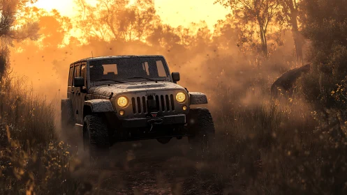Mud hungry jeep hunts horizons through molten sunset dust.