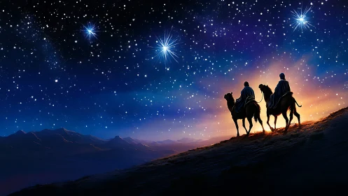 Riders on camels traverse a ridge under a dense starfield