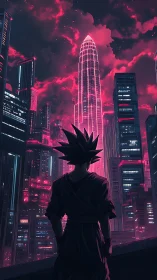 Neon-lit cyberpunk skyline observed by spiky-haired sentinel.