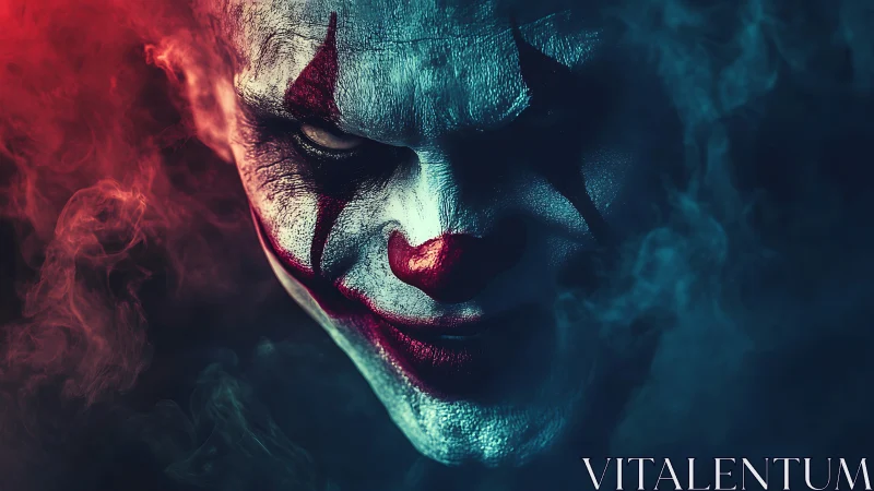 Clown face close-up with red and blue smoke lighting.