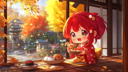 Autumn shrine veranda with chibi girl in red kimono eating rice.