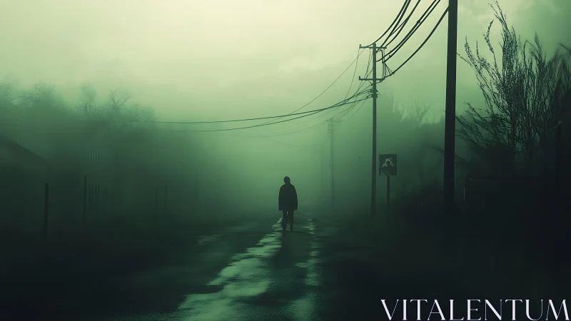 Solitary figure on wet rural road in dense green fog.