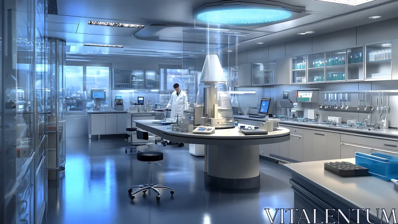 High tech laboratory interior with scientist at workstation.