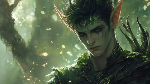 Brooding forest elf prince with glowing green eyes in armor.
