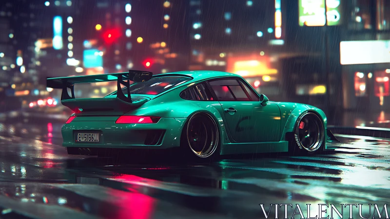 Widebody teal sports car idles in neon-lit rainy city street