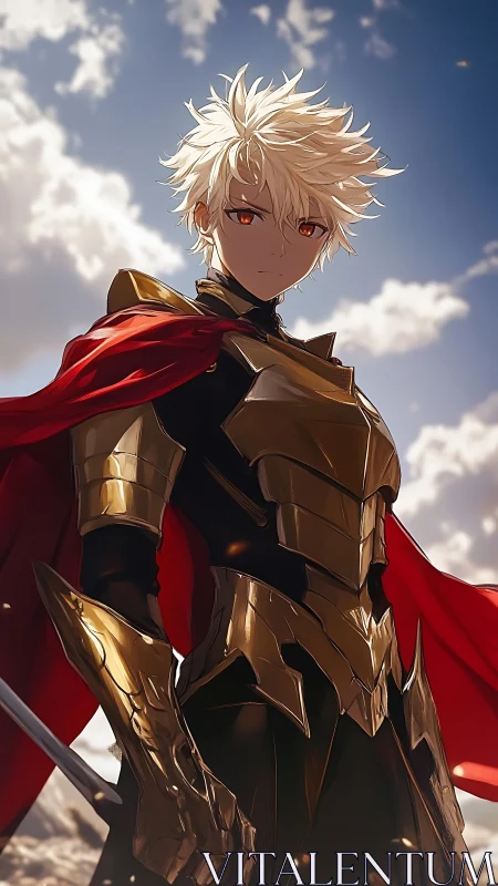 Blond anime knight in gold armor under bright sky.