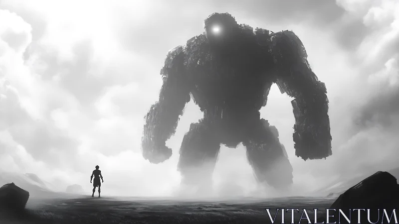 Colossal mist giant calmly meets a lone wandering hero