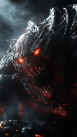 Demonic lava beast roars amid smoke in a hellish inferno