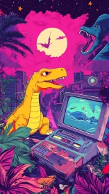 Retro computer in neon jungle with vivid dinosaurs clash