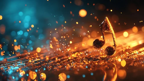 Glowing golden music note rises amid bokeh light field