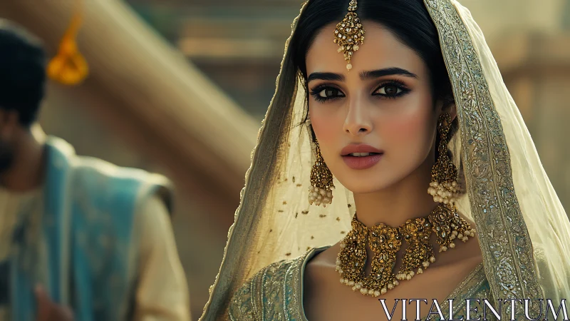 Portrait of woman in ornate traditional bridal attire.