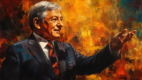 Oil portrait of older man in suit gesturing before warm backdrop