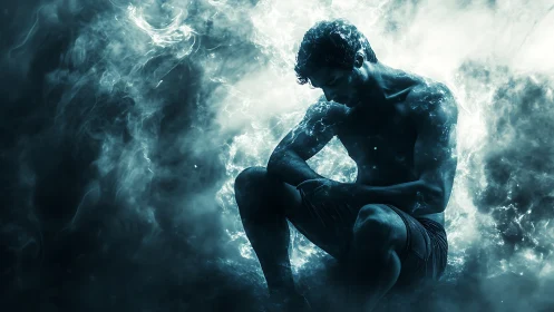 Shrouded male silhouette emerges within swirling teal smoke