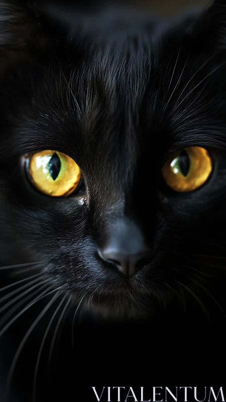 Golden-Eyed Black Cat Gazing Directly Forward.
