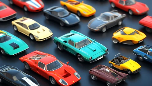 Toy supercars parade in glossy rows of candy-colored speed