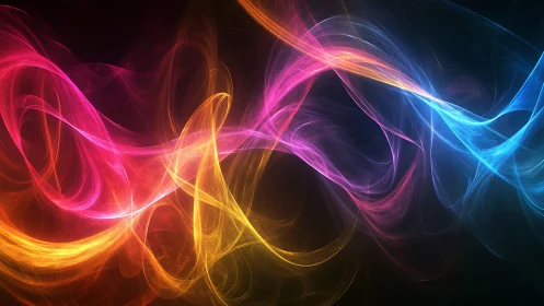 Vibrant neon light waves flow across a deep cosmic backdrop