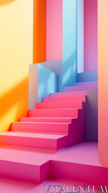 Geometric pastel staircase in bold color gradient interior.