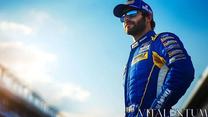 Photorealistic racing portrait in dynamic low-angle composition.