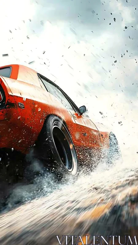 Muscle car drifts through storming spray and flying debris.