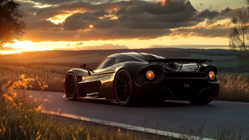 Aerodynamic hypercar silhouetted against volumetric sunset sky.
