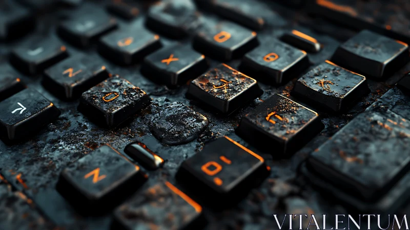 Close-up of corroded keyboard keys with orange glow.