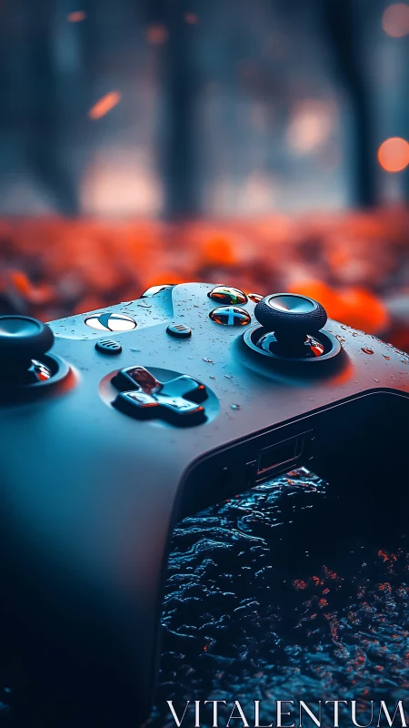 Gaming controller closeup with water droplets and blurred forest backdrop