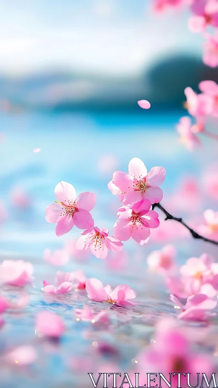 Cherry blossoms drift like soft pink comets over glassy water