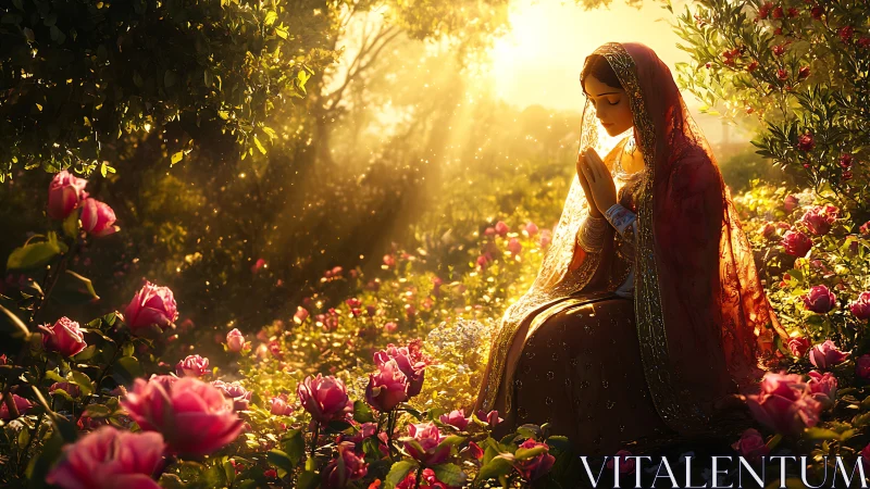 Sunlit prayerful woman in rose garden under golden haze