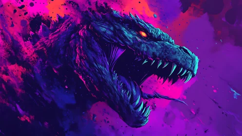 Vibrant neon dragon roars through a storm of cosmic color.