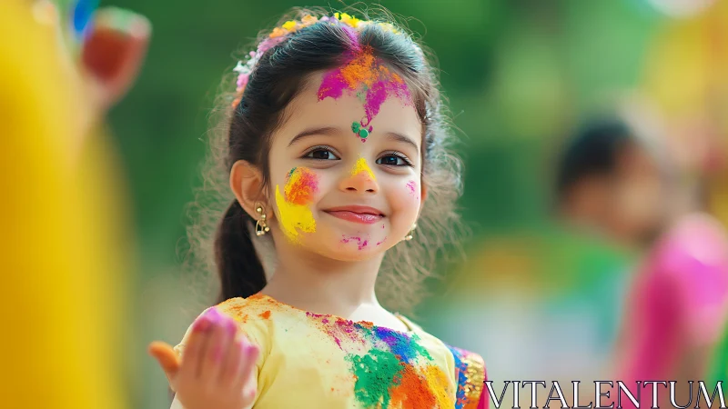 Child with Vibrant Holi Paint: Colorful Festival Portrait.