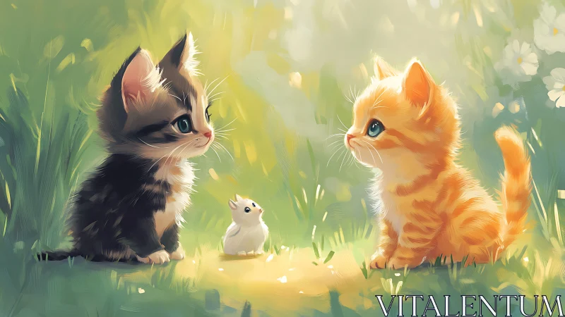 Two Kittens Meet Between Grass in Sunlit Garden.