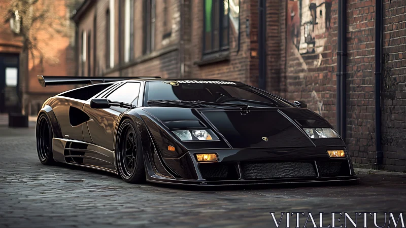 Midnight black supercar slammed in cobblestone alleyway.
