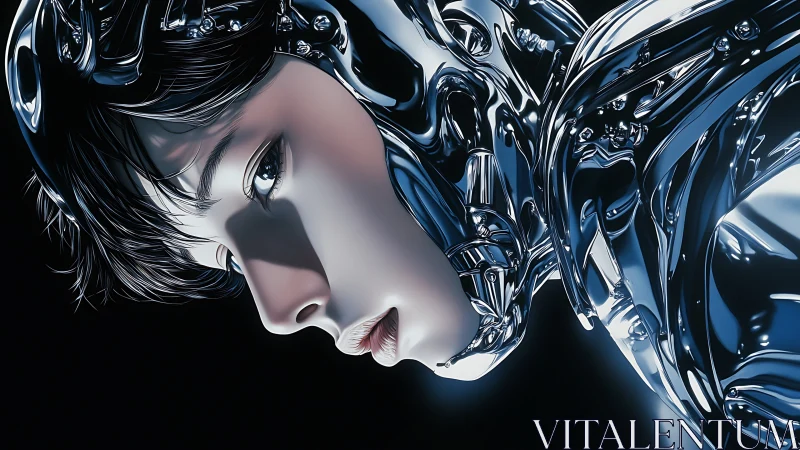 Chromatic biomech portrait of reflective cybernetic convergence.