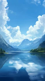 Mountain lake reflects bright cumulus clouds and blue sky