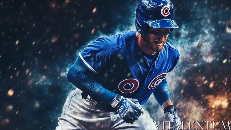 Dynamic baseball runner in blue uniform amid kinetic particle field