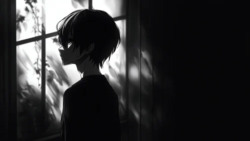 Monochrome anime profile in high-contrast window lighting.