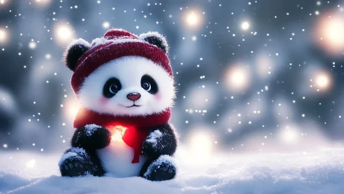Baby panda in red winter clothes holding soft lantern light.