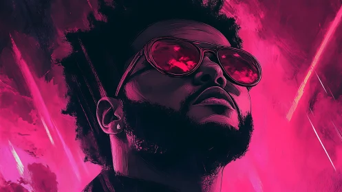 Stylized male portrait with neon pink lighting and glasses.